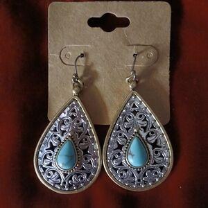 Lucky Brand Two Tone Turquoise Teardrop Filigree Dangle Earrings